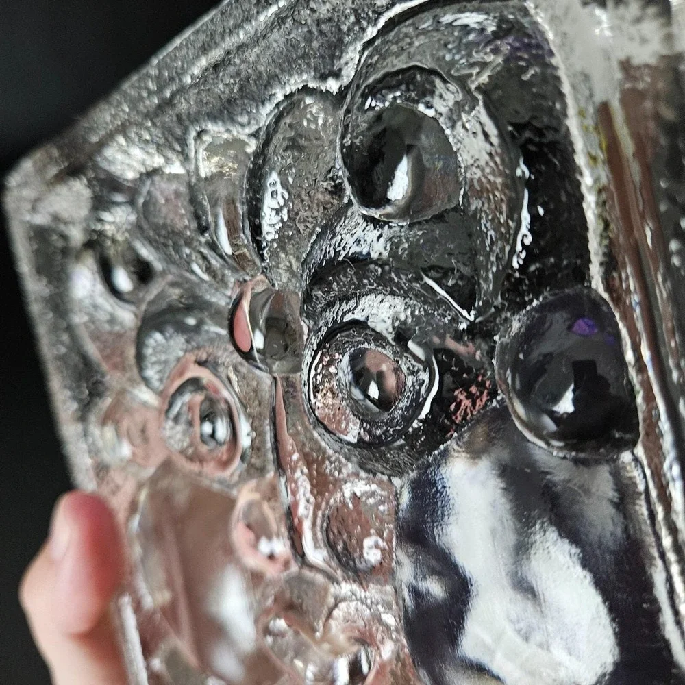 VTG Skruf Sweden Viking Face Heavy Block Square Crystal Dish '70s Lars Hellsten